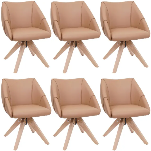 MCW Set van 6 eetkamerstoelen MCW-Q52, keukenstoel, draaistoel, gestoffeerde stoel, eettafelstoel, draaibaar, hout, kunstleer ~ lichtbruin
