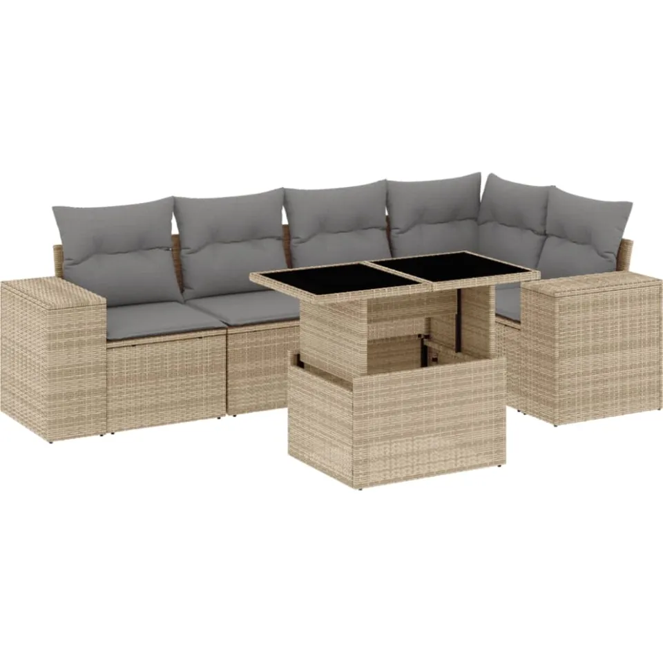 vidaXL 6-delige Loungeset met kussens poly rattan beige, foto 3