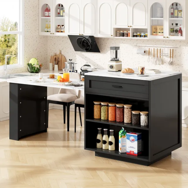 WUVRIE Uitschuifbare bartafel 98-204 x 70 x 93,5 cm - Met opbergruimte en vergrendelbare wielen - Zwart