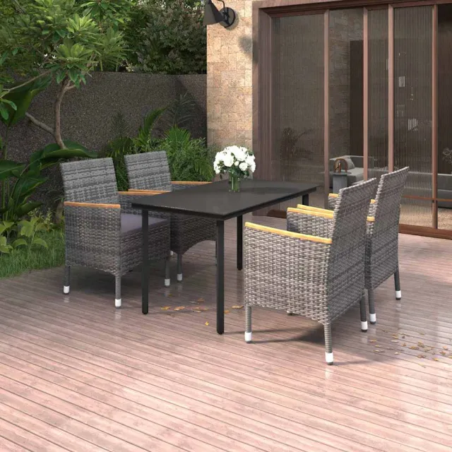 vidaXL 5-delige Tuinset met kussens poly rattan en glas Grijs