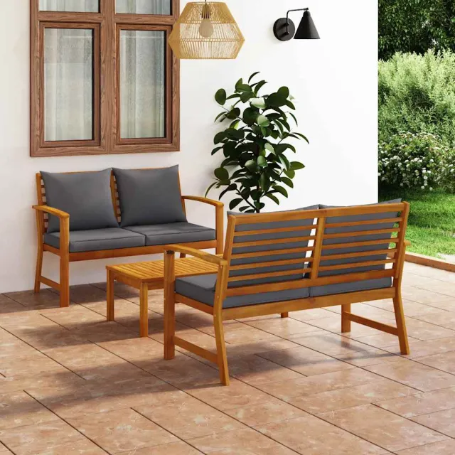 vidaXL 3-delige Loungeset met kussens massief acaciahout grijs, foto 2