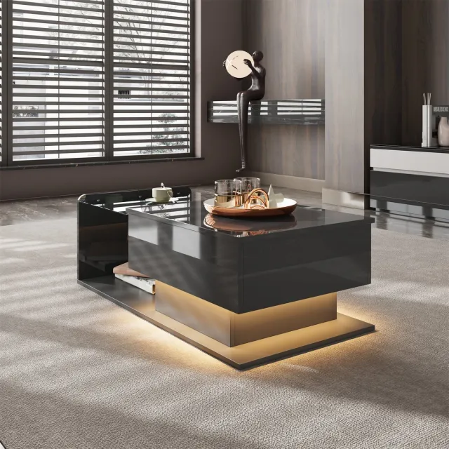 DESMIU Salontafel - In Hoogglans Met Verstelbare Hoogte En Ledverlichting - Voor Woonkamer En Thuiswerken - Spaanplaat En Glas - 100x50x47,5 Cm - Zwart