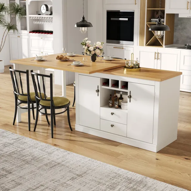 Wishdor Bartafel - Uitschuifbaar 120-180 cm - Met opbergruimte en wijnrek - Modern - Woonkamer of eetkamer - Houtlook en MDF - Naturel en wit