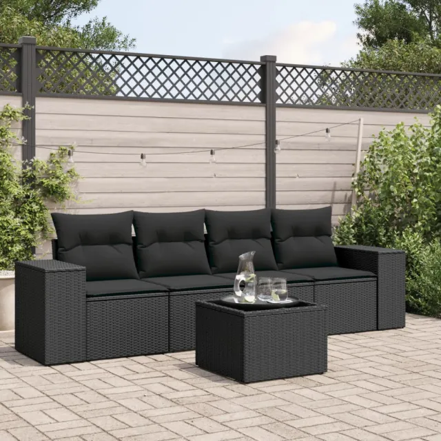 vidaXL 5-delige Loungeset met kussens poly rattan zwart, foto 2