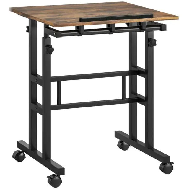 Hoomall In hoogte verstelbaar bureau bijzettafel bureau 60×60×70,5–120 cm vintagebruin met wielen en legplank draaiknopverstelling kantelbaar werkblad stevig duurzaam metalen frame geschikt voor studeerkamer kantoor en thuisgebruik