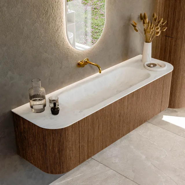 Mondiaz KURVE-DLUX 160 cm Onderkast Greeploos 1 Lade Met Deuren Walnut, Wastafel Solid Surface Midden Opalo 0 Kraangaten Zonder Spiegel (KRVBGM160L+R1L2D0KM-Wal/Opa)