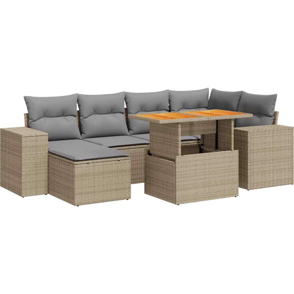 vidaXL 7-delige Loungeset met kussens poly rattan beige, foto 3