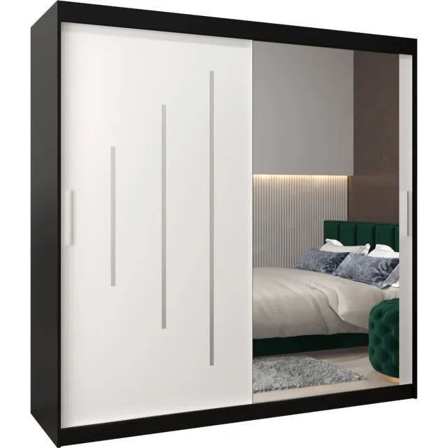 InspireME Kledingkast met 2 schuifdeuren, Modern-stijl, Een kledingkast met planken en een spiegel (BxHxD): 200x200x62 - MALTESE II 200 Zwart Mat + Wit Mat met 4 lades