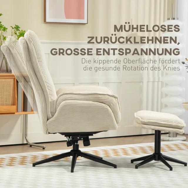 HAUSS SPOLE Relaxfauteuil Met Hocker 360 Graden Draaibaar Verstelbare Rugleuning Tot 130 Graden Comfortabele Cordlook Voor Woonkamer En Slaapkamer Beige