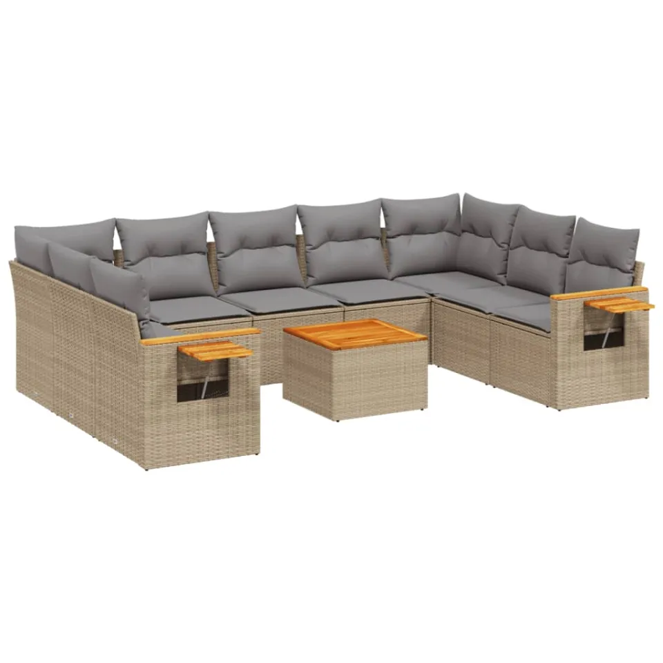 vidaXL 10-delige Loungeset met kussens poly rattan beige, foto 3