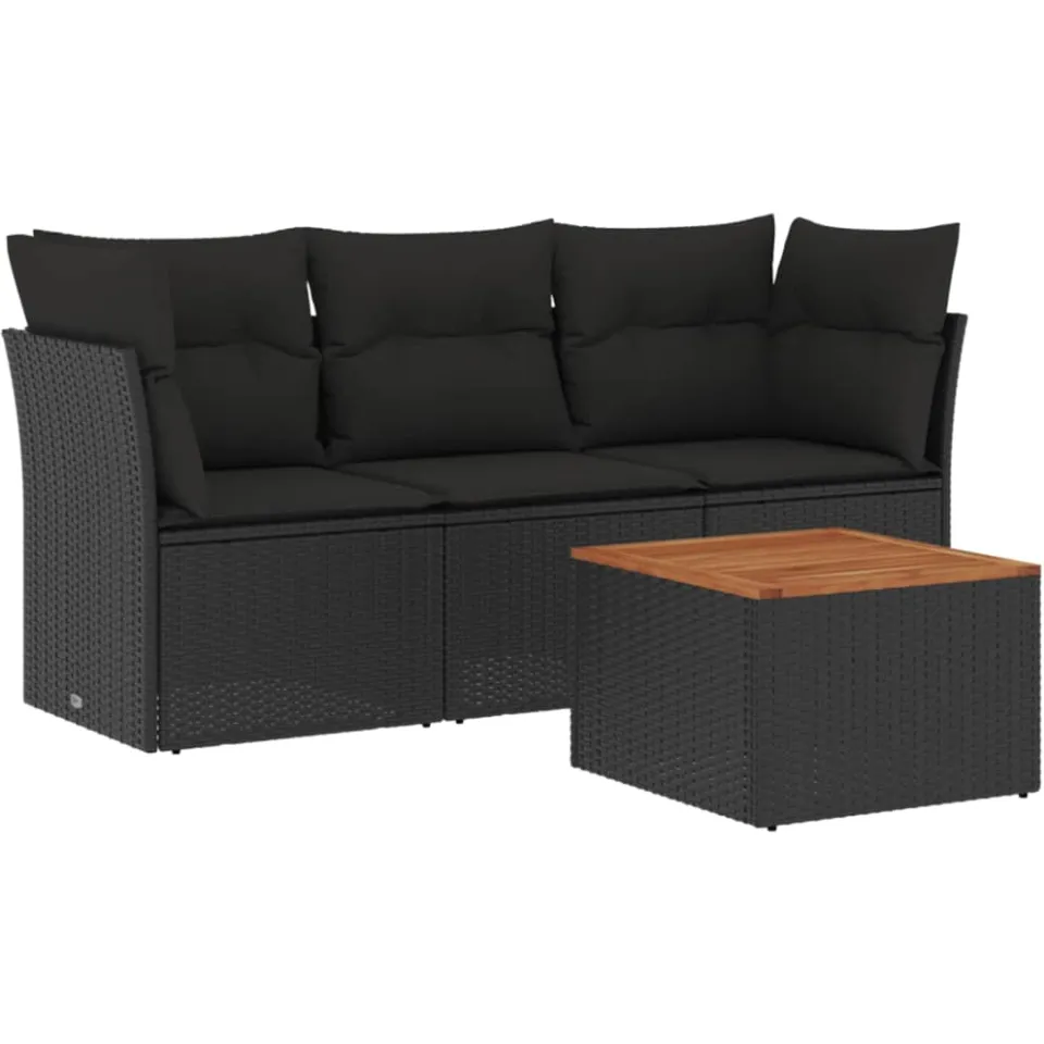 vidaXL 4-delige Loungeset met kussens poly rattan zwart, foto 3