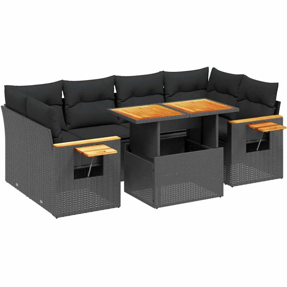 vidaXL 7-delige Loungeset met kussens poly rattan zwart, foto 3