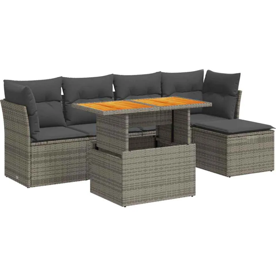 vidaXL 6-delige Loungeset met kussens poly rattan grijs, foto 3