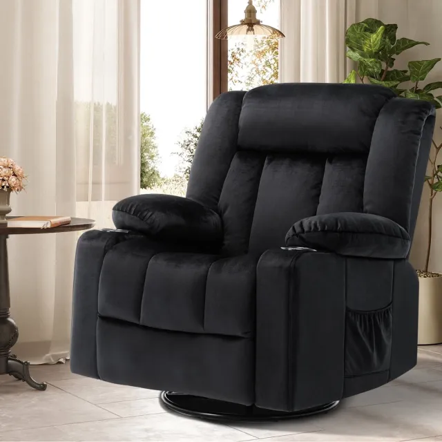 COMHOMA Relaxfauteuil - Verstelbare Fauteuil met Voetensteun - Draaifauteuil met Opbergruimte - Zwart chill stoel slaapkamer
