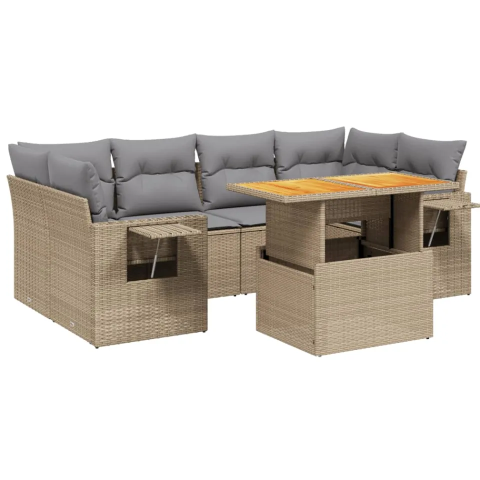 vidaXL 7-delige Loungeset met kussens poly rattan beige, foto 3