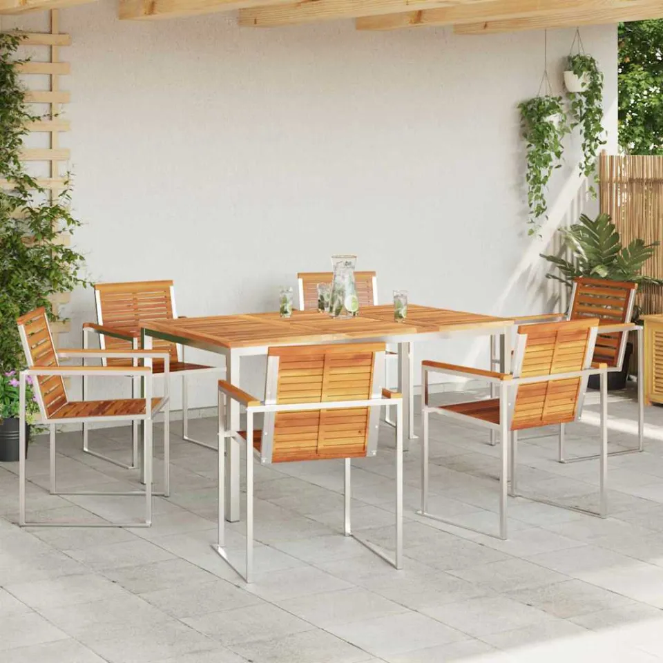 vidaXL Tuin eettafelset 7 st Massief acaciahout en roestvrij staal, foto 3