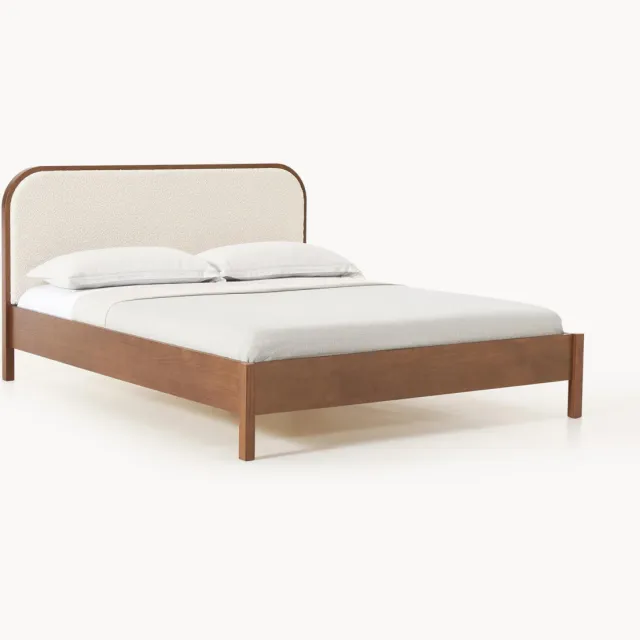 Westwing Collection Houten bed Jones met hoofdeinde van bouclé Wit