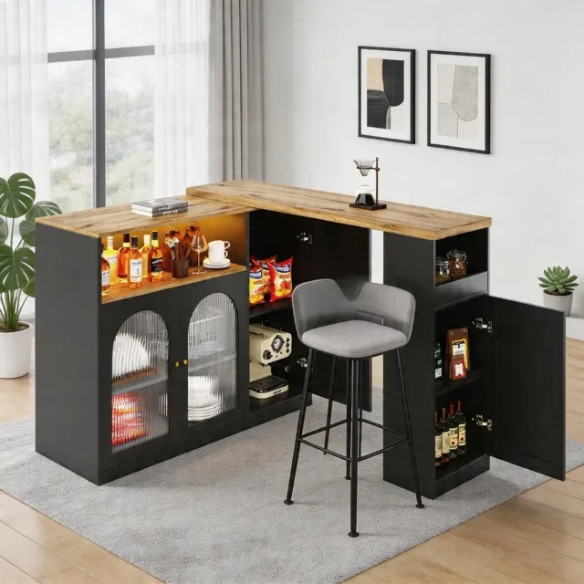 KOMHTOM 360° draaibare bartafel - Matzwarte kast met bureau in houtnerf - Glazen kastdeur - LED-verlichting - Dressoir wijnkast koffiehoek - Hoofdgedeelte: 198x39,6x97 cm