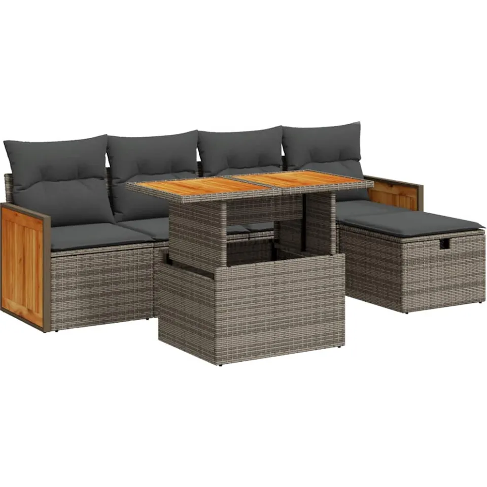 vidaXL 6-delige Loungeset met kussens poly rattan grijs, foto 3