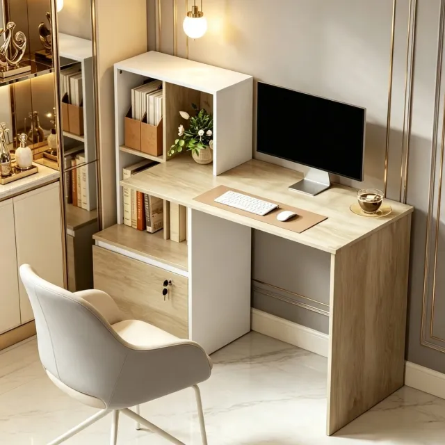 MIVRAY Bureau - Computerbureau Met Opbergrek En Afsluitbare Lade - Voor Thuiswerk En Studie - Spaanplaat - Wit En Licht Eiken - 126 X 50 X 109 Cm Wit + licht eiken