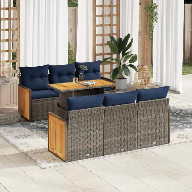 vidaXL 7-delige Loungeset met kussens poly rattan acacia grijs, foto 2