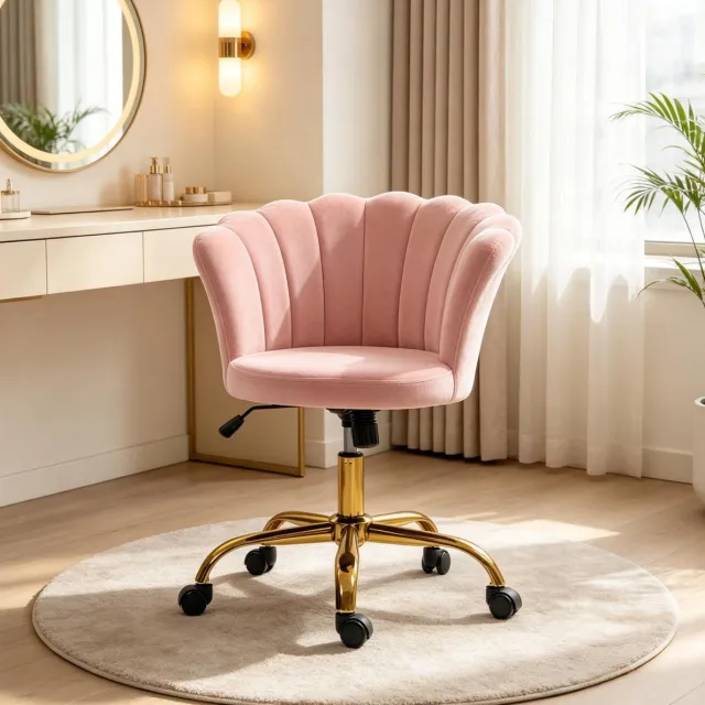 REDOM Bureaustoel - Bloemvormige rugleuning - Draaibaar - Met wielen - Zonder armleuningen - Velvet - Roze - 69 x 64 x 80-90 cm