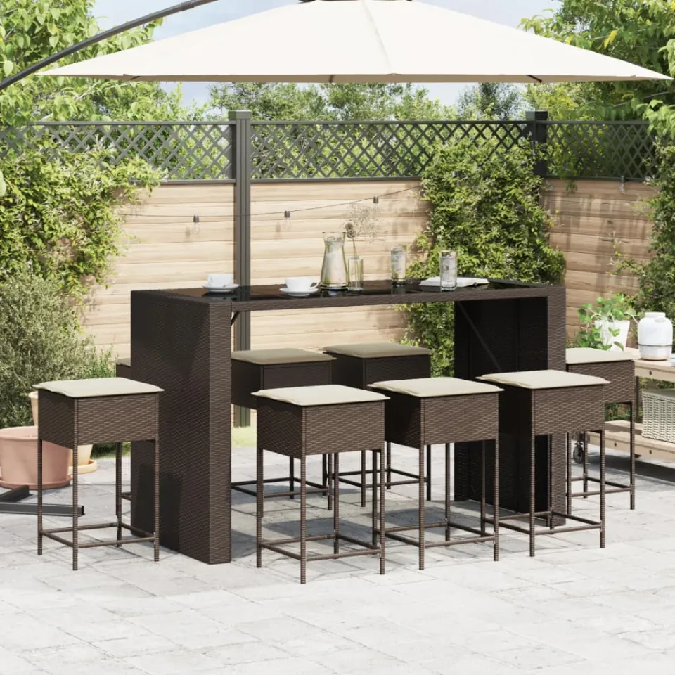 vidaXL 9-delige Tuinbarset met kussens poly rattan bruin, foto 2