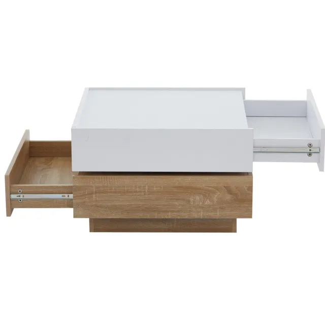 Rolipo Salontafel - 360° Draaibaar - Vierkant Design - 2 Lades met Opbergruimte - Wit en Walnoot - 60 x 60 x 38 cm Wit, Walnoot