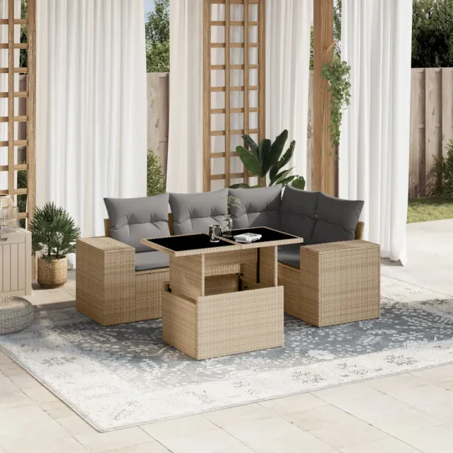 vidaXL 5-delige Loungeset met kussens poly rattan beige, foto 2