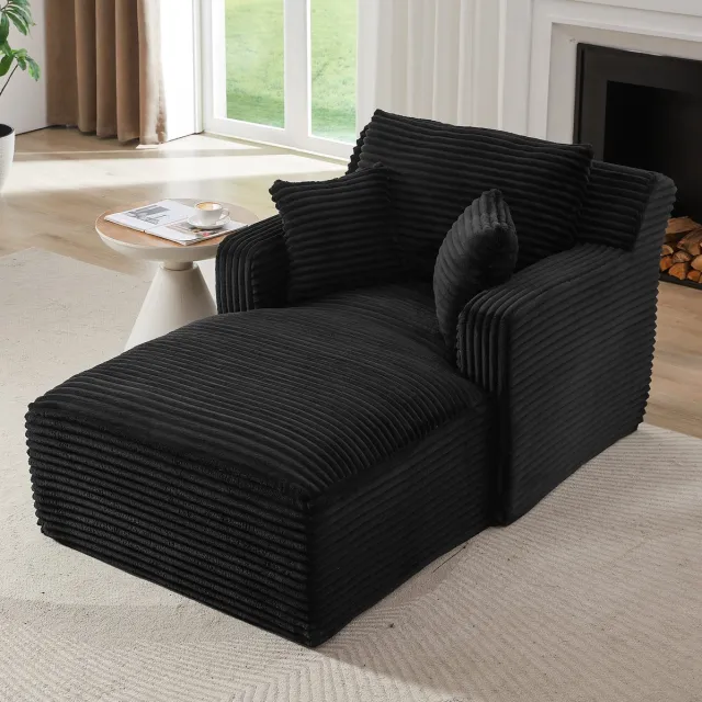 MEUNIQ Chaiselongue sofa 166 x 100 x 82 cm van ribstof, met armleuning, 1-zits, zonder montage, voor woonkamer, kantoor of appartement, zwart
