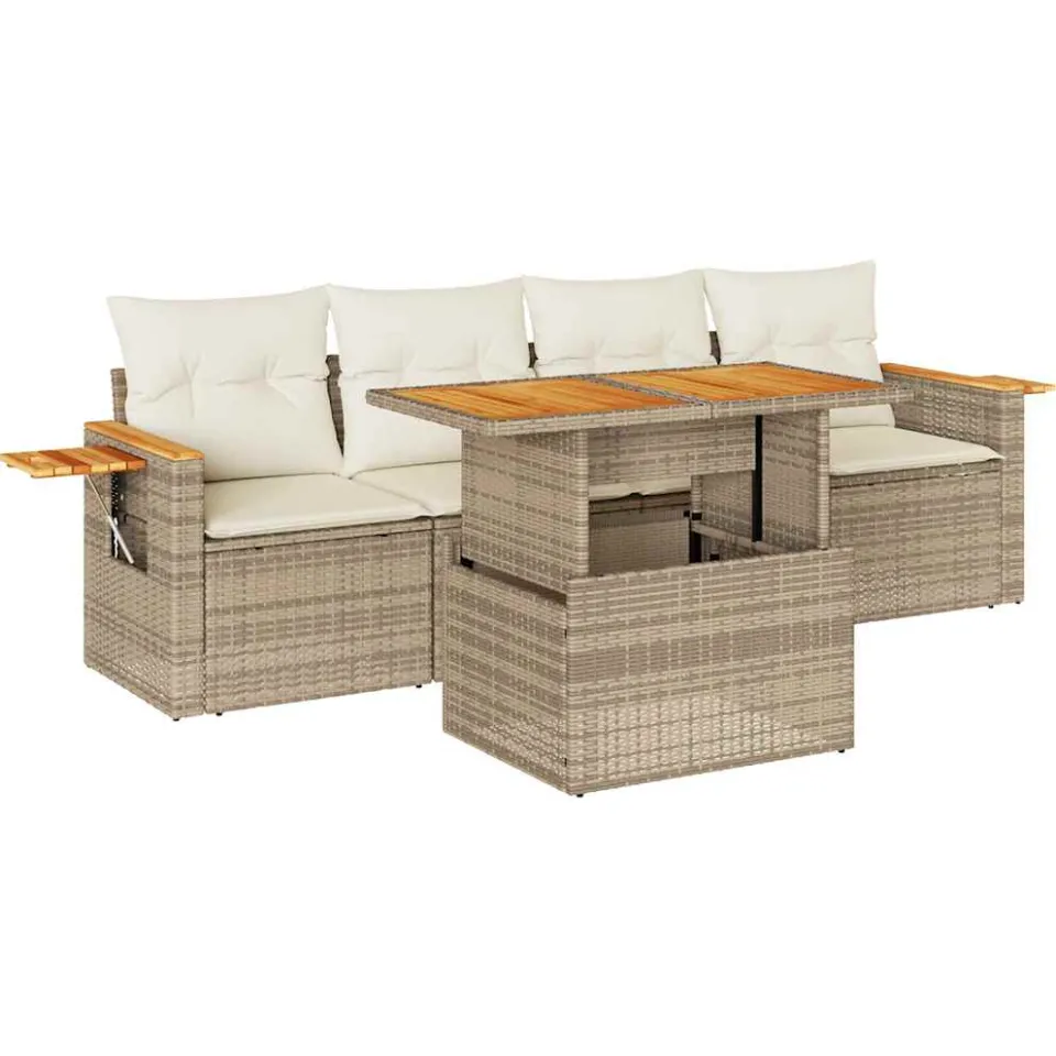 vidaXL 5-delige Loungeset met kussens poly rattan en acaciahout beige, foto 3