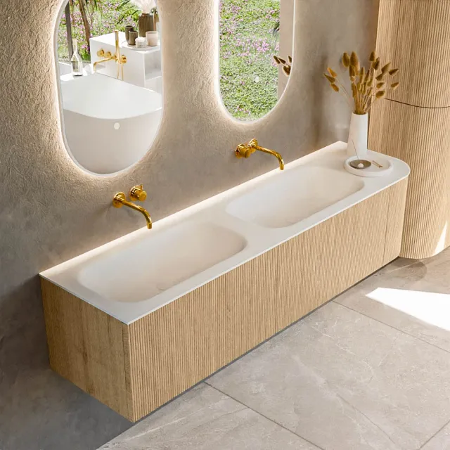 Mondiaz KURVE 175 cm Onderkast Greeploos 2 Lades Met Deuren Oak, Wastafel Solid Surface Links Talc 0 Kraangaten Zonder Spiegel (KRVBGS175R2L1D0KD-Oak/Tal)