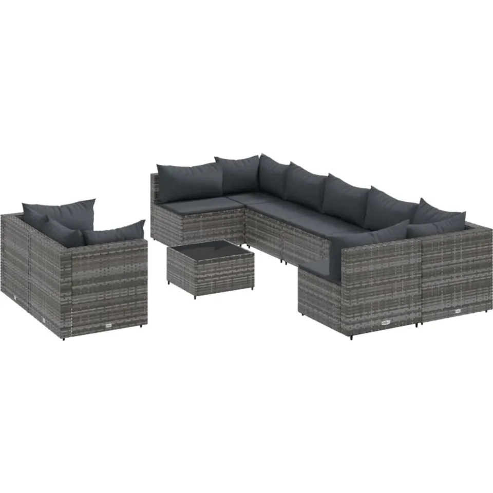 vidaXL 10-delige Loungeset met kussens poly rattan grijs