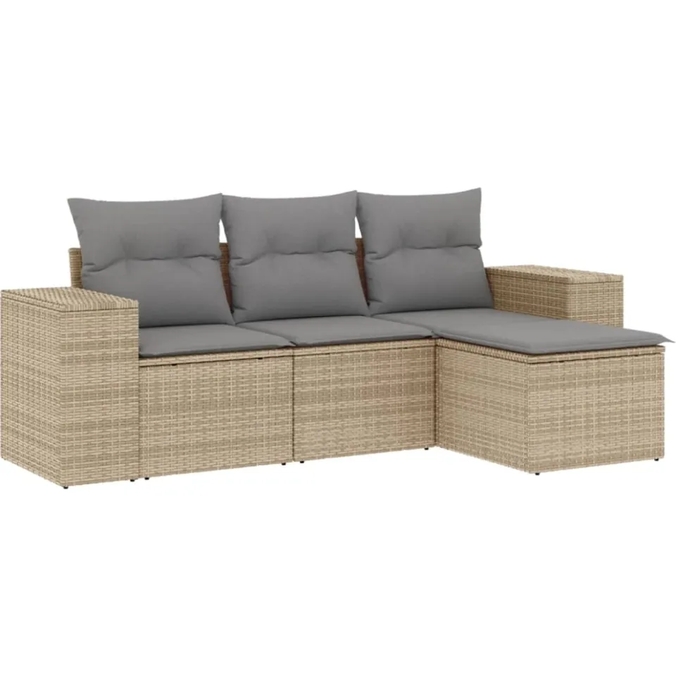 vidaXL 4-delige Loungeset met kussens poly rattan beige, foto 3