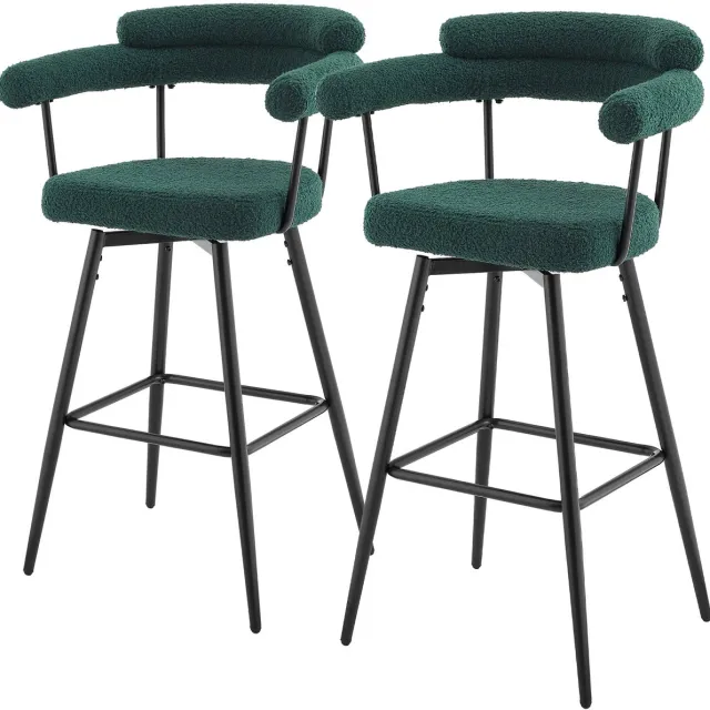 ml-design draaibare barkrukken set van 2 donkergroen teddy gestoffeerde keukenstoelen met armleuning rugleuning voetsteun 360 graden draaibaar hoge barkrukken bistrokrukken moderne barstoelen comfortabele keukenkrukken stalen frame rond design
