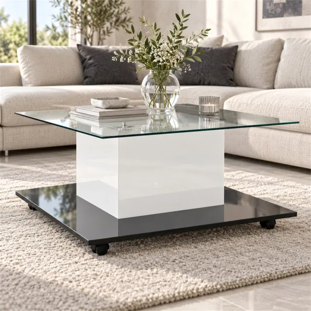 City long dragon LONG DRAGON – Salontafel – Glazen blad, appgestuurde ledverlichting en zwenkwielen – Wit+Zwart – 80 × 80 × 40 cm