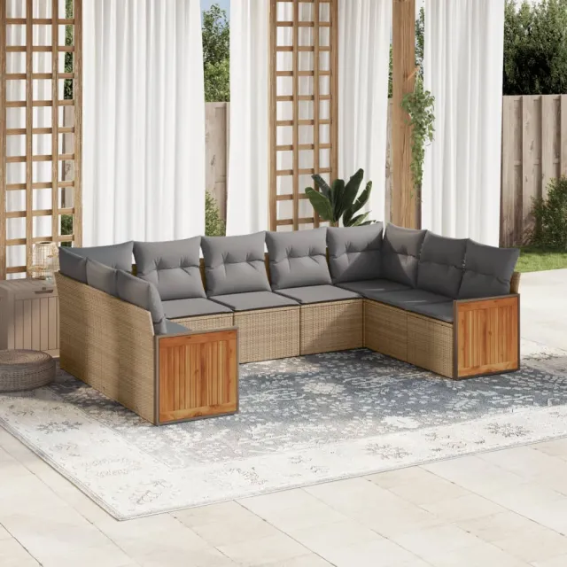 vidaXL 9-delige Loungeset met kussens poly rattan beige, foto 2