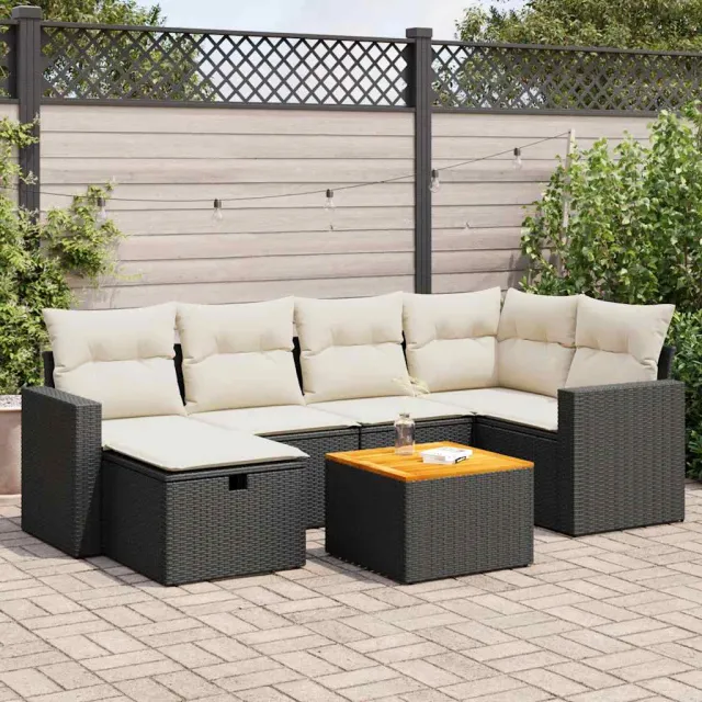 vidaXL 7-delige Loungeset met kussens poly rattan zwart, foto 2