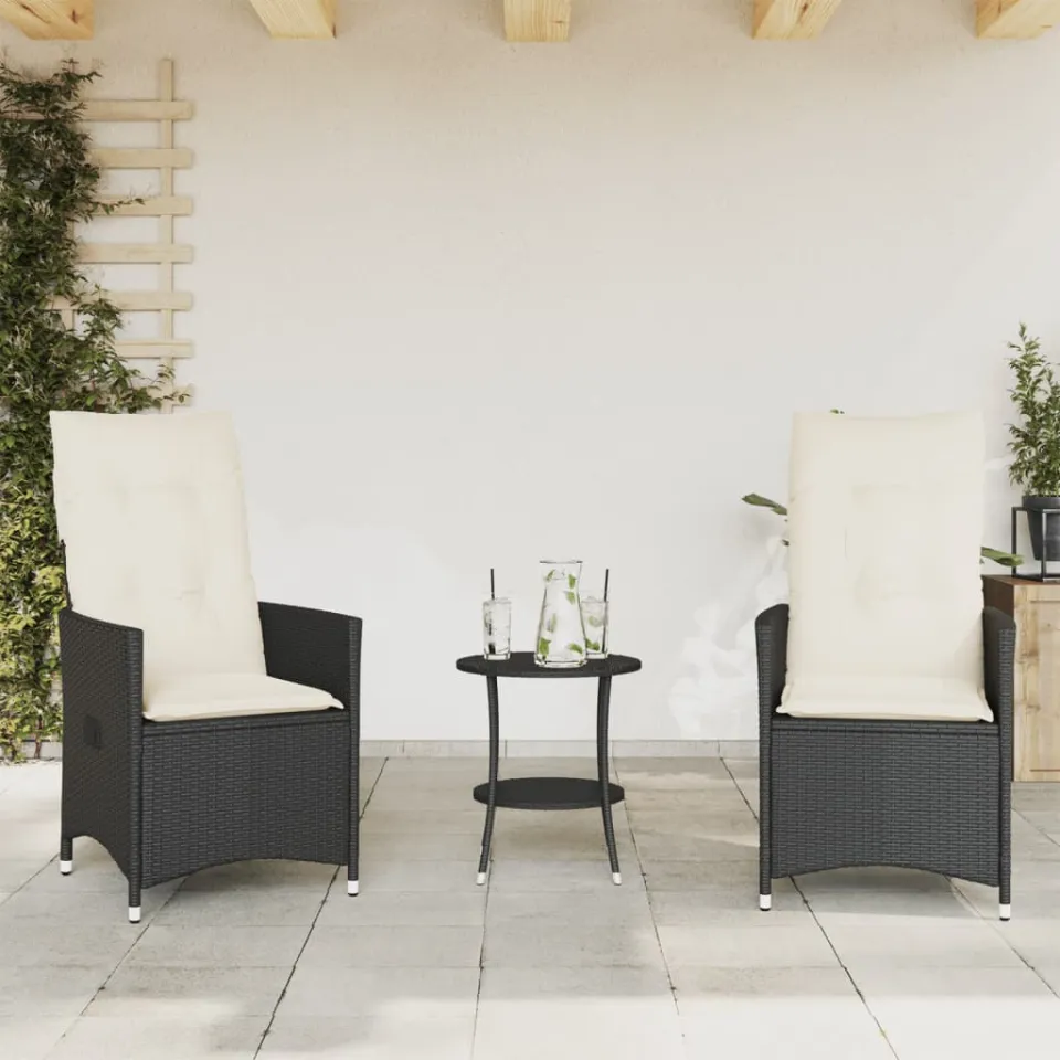 vidaXL 3-delige Bistroset met kussens poly rattan zwart, foto 2