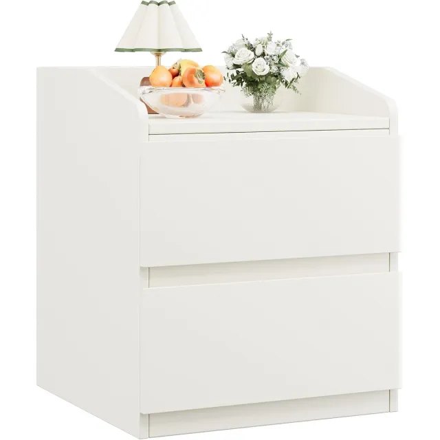 Danky Modern Wit Nachtkastje met 2 Laden - Greepvrij Bedside Table - Bijzettafel Slaapkamer met Opstaande Randen - Stevige Opbergkast - Hoogwaardig MDF - Wit