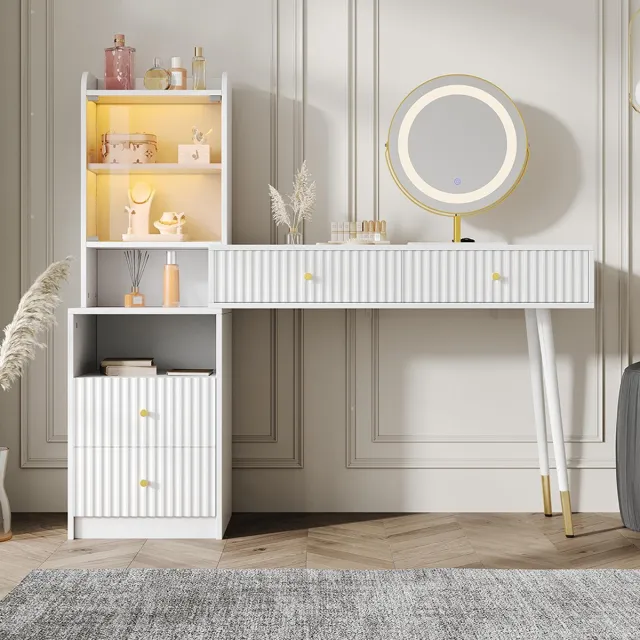 KOMHTOM BLACKCOLORS - Kaptafel - Driekleurige LED-spiegel - Vier lades - Verlichte kast met glazen deur - Open opbergvak - Wit-(zonder kruk)