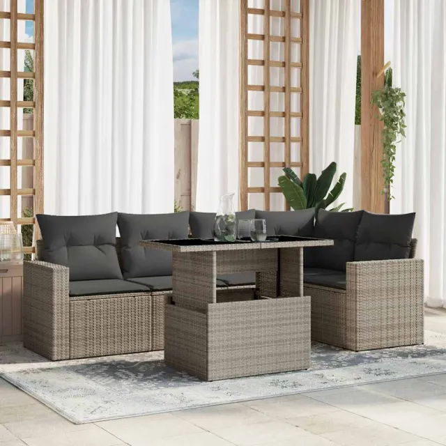 vidaXL 6-delige Loungeset met kussens poly rattan lichtgrijs grijs, foto 2