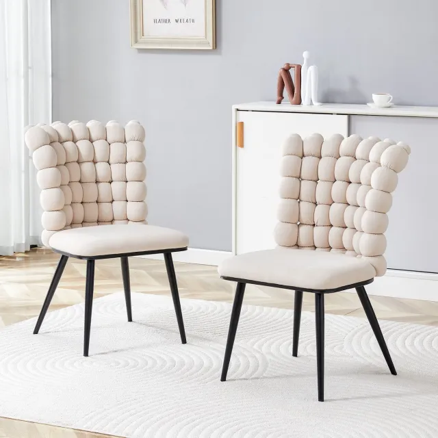 Clruro Eetkamerstoelen - 54×48×88 cm - Set van 2 - Bolletjesrug - Velvet/Metaal - Crèmewit/Zwart