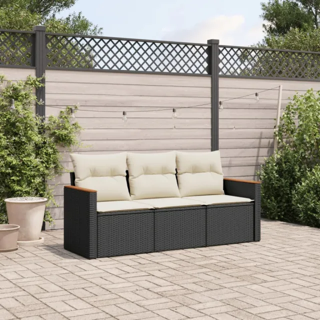 vidaXL 3-delige Loungeset met kussens poly rattan zwart, foto 2