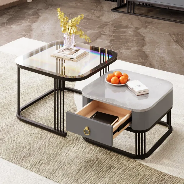 Sweiko 2-delige Set Salontafel, Hoogglans marmer look en glazen blad, zwarte poten,Bijzettafel met lades Grijs en zwart