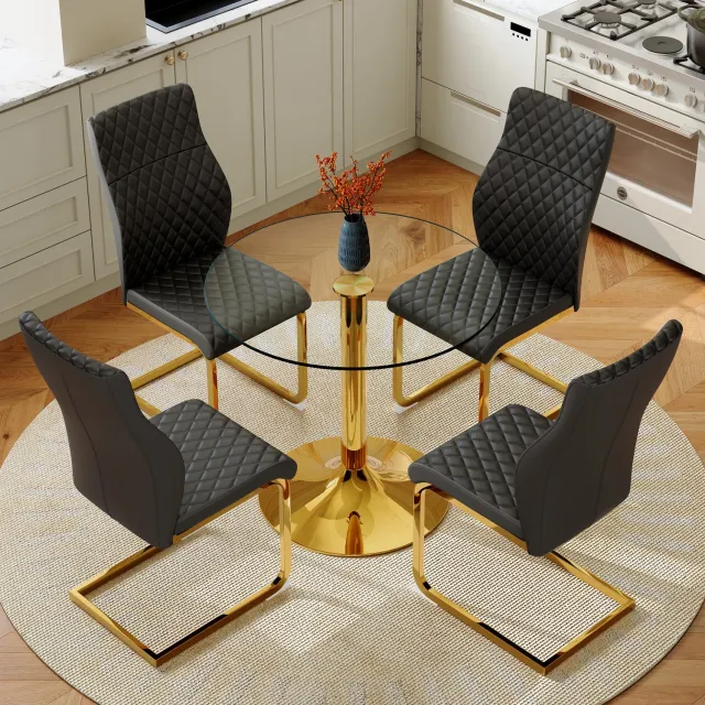 WUVRIE Eettafelset met ronde glazen tafel Ø85 cm - 4 zwarte PU-stoelen - Zwart/goud/transparant