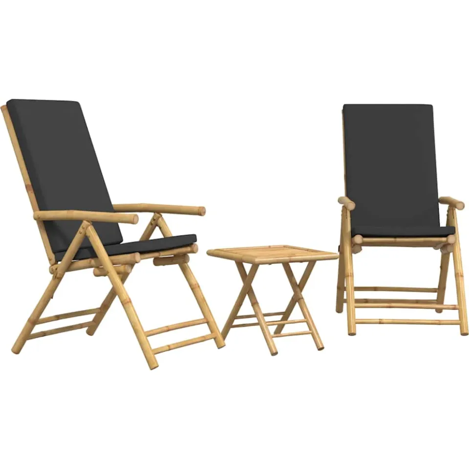 vidaXL 3-delige Bistroset inklapbaar met kussens bamboe donkergrijs Bruin