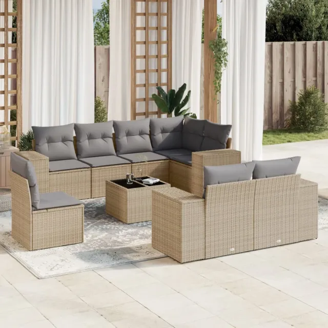 vidaXL 9-delige Loungeset met kussens poly rattan beige