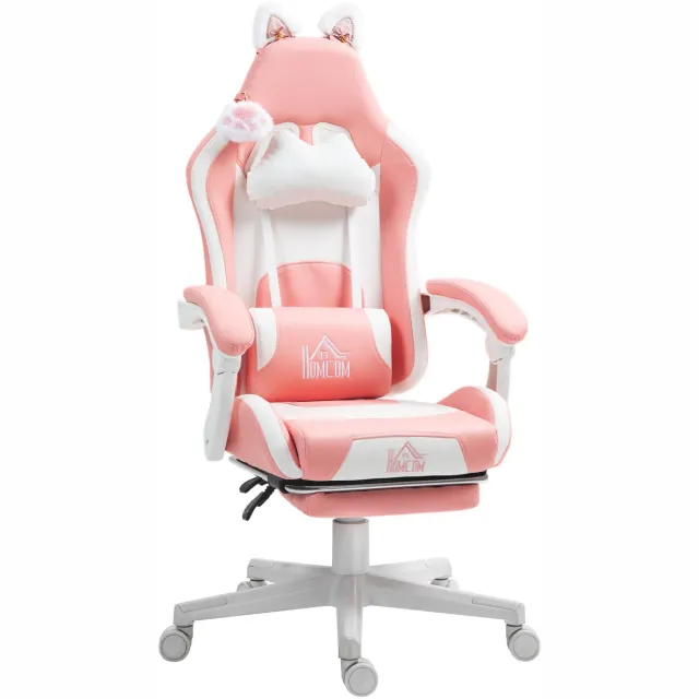 Homcom Gamestoel met Kattenoren en Voetensteun - Bureaustoel, Gamingstoel - Roze en Wit Roze;Wit