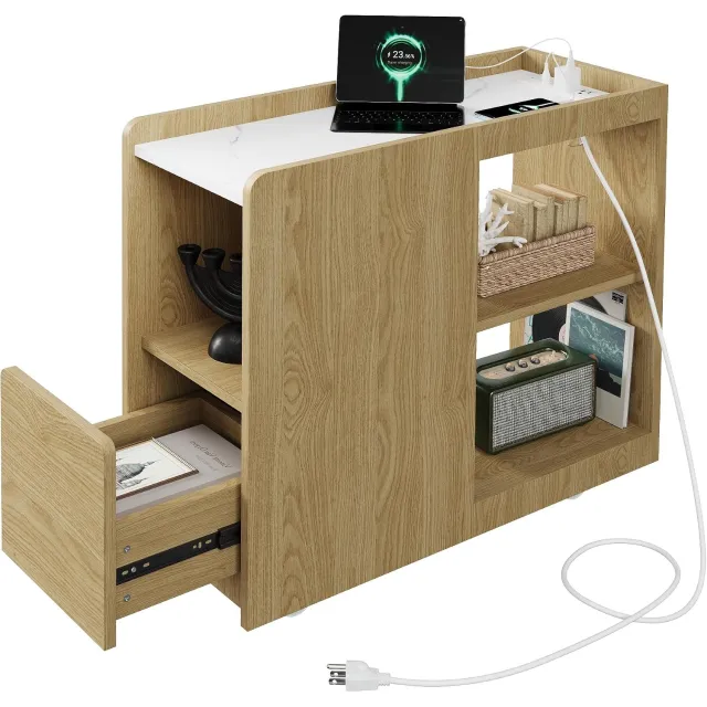 Triumpunpre Bijzettafel 70×30×62 cm met oplaadstation, lade en opbergvakken, Nachtkastje, Natuurlijke houtkleur